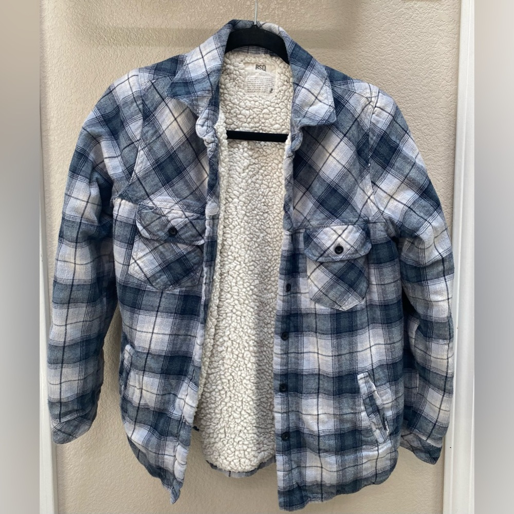 RSQ, flannel, long sleeve, button up, blue and white, size Small